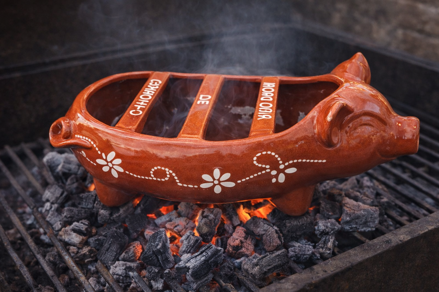 The Ceramica Picas Chorizo Pig Griller Dish, shaped like a pig with divided sections for meats such as smoked sausage, sits over hot coals as steam rises from the terracotta grill.