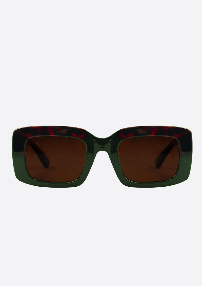 Front view of Oceanides Sunglasses (Polarized) - Ida Tortoise Green Brown with thick dark green frames and brown polarized UV400 lenses, shown against a plain white background.