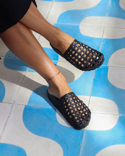 Jalisco - Woven Black Leather Mule with Bio Sole