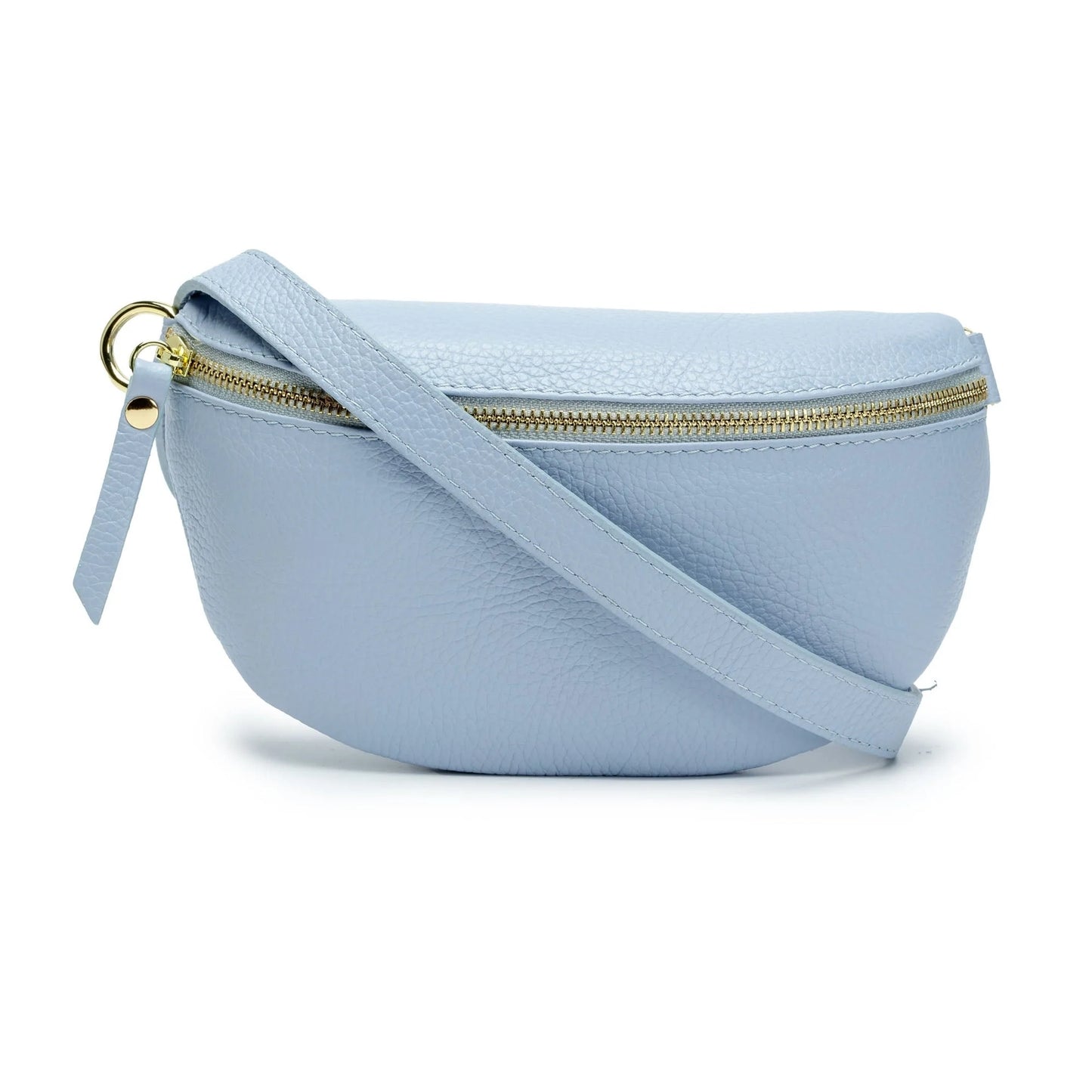 The Cassette Barcelona Leather Fanny Pack Crossbody Bag features premium light blue leather, a gold zipper, and matching strap, shown against a white background.