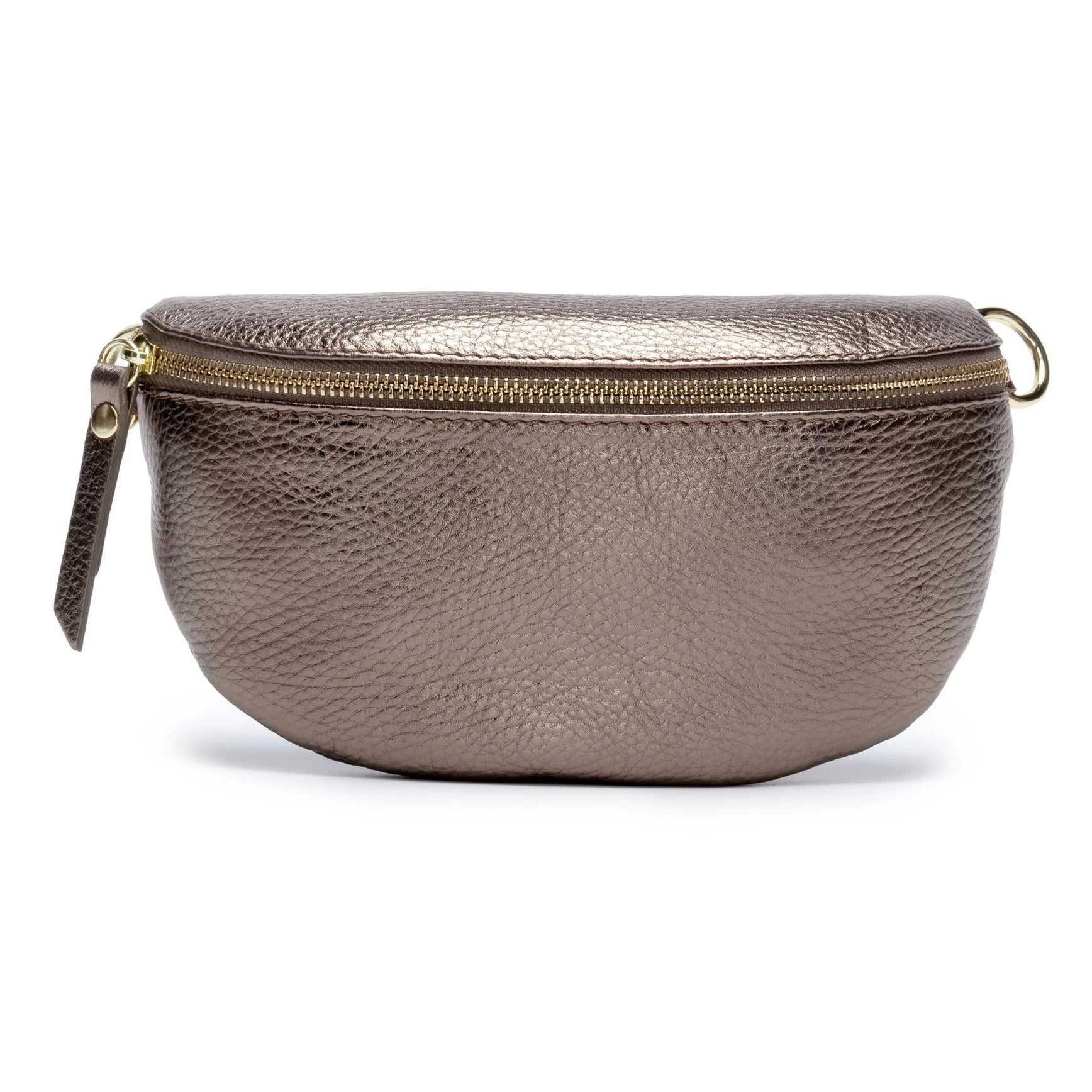 The Cassette Barcelona Leather Fanny Pack Crossbody Bag, shown in metallic bronze leather with a gold zipper and small pull tab, is displayed against a white background.