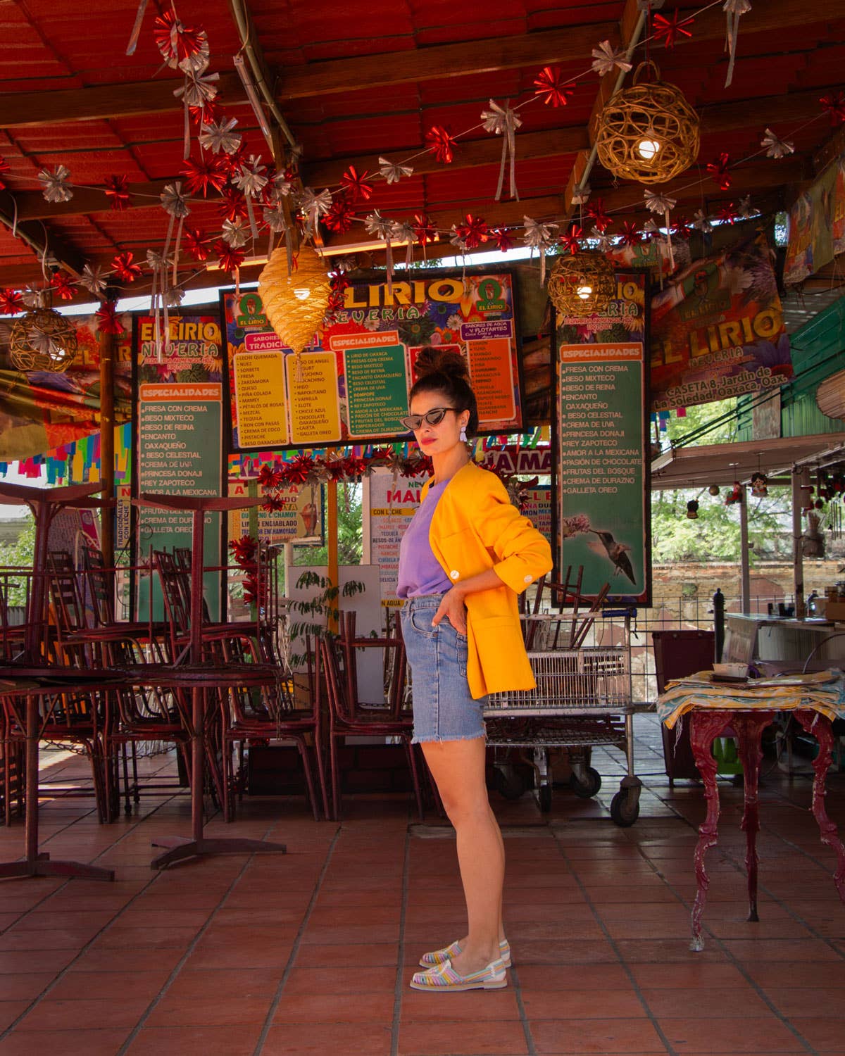 lady wearing Leather Huaraches outside restaurant