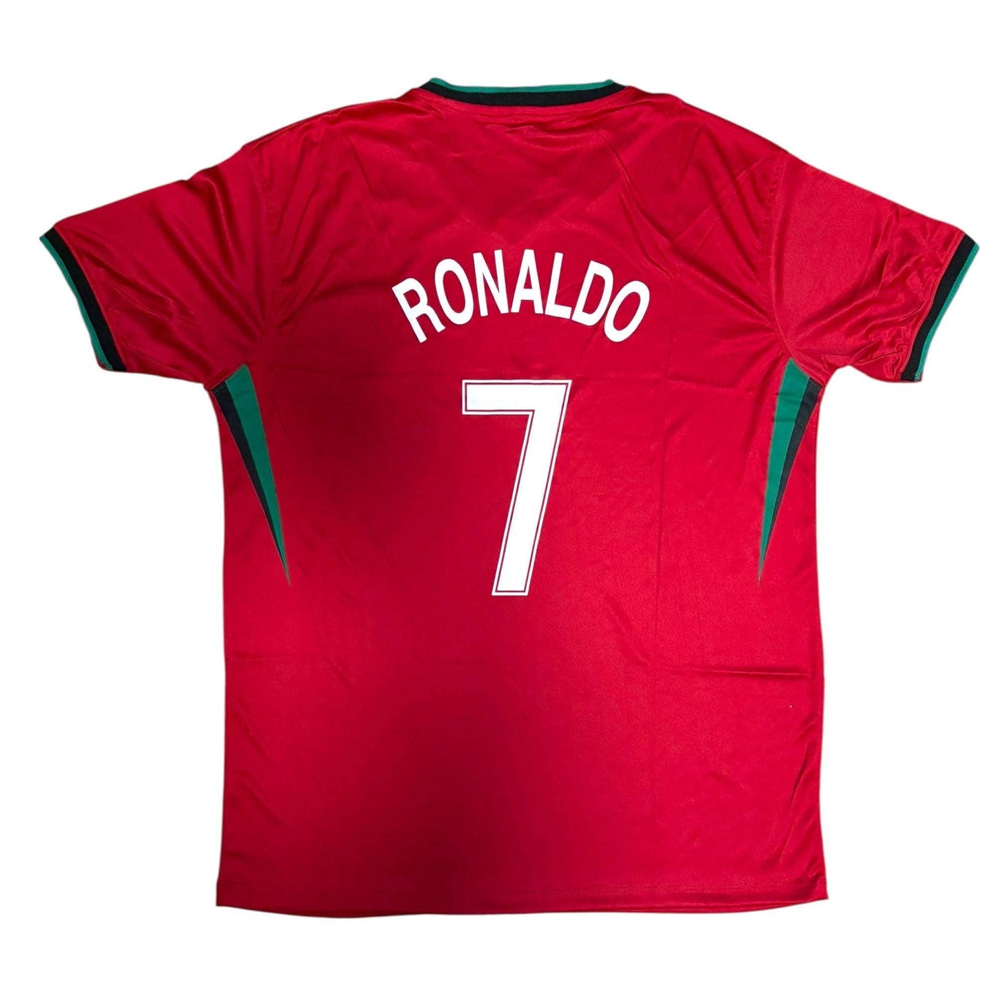 Show your support with the Vintage Dreamz Portugal Soccer Jersey—available in youth, adult, and unisex sizes. This red replica features green accents and "Ronaldo 7" in white on the back, perfect for CR7 fans.