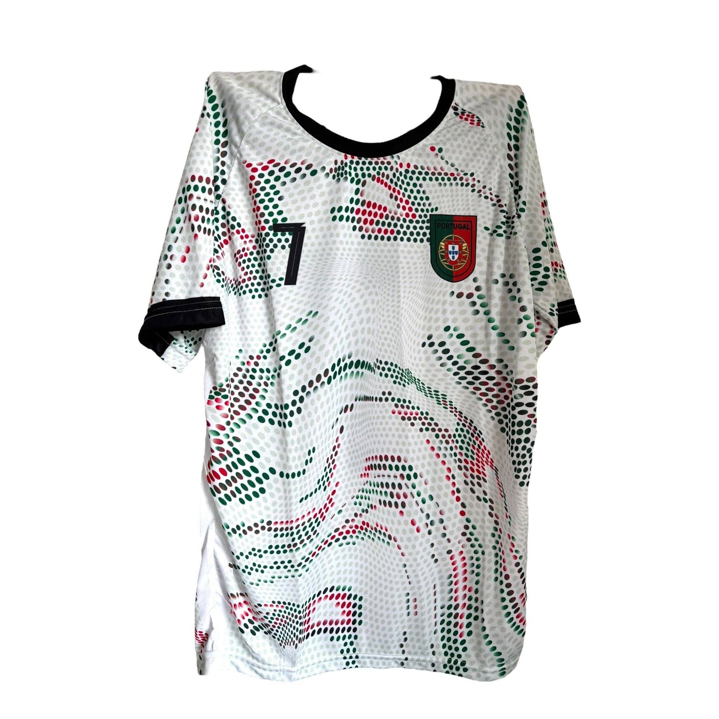 The Vintage Dreamz Portugal Soccer Jersey for youth, adults, and unisex features a white design with black collar and cuffs, green and red dotted patterns, plus the national team crest—ideal for CR7 fans.