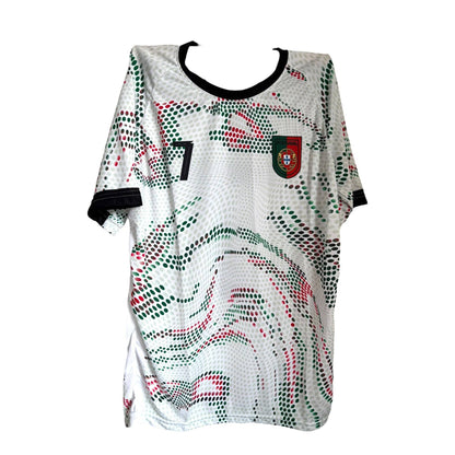 The Vintage Dreamz Portugal Soccer Jersey for youth, adults, and unisex features a white design with black collar and cuffs, green and red dotted patterns, plus the national team crest—ideal for CR7 fans.