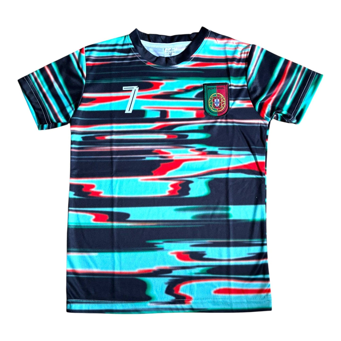 Close up of Portugal soccer jersey replica showing breathable lightweight fabric detail