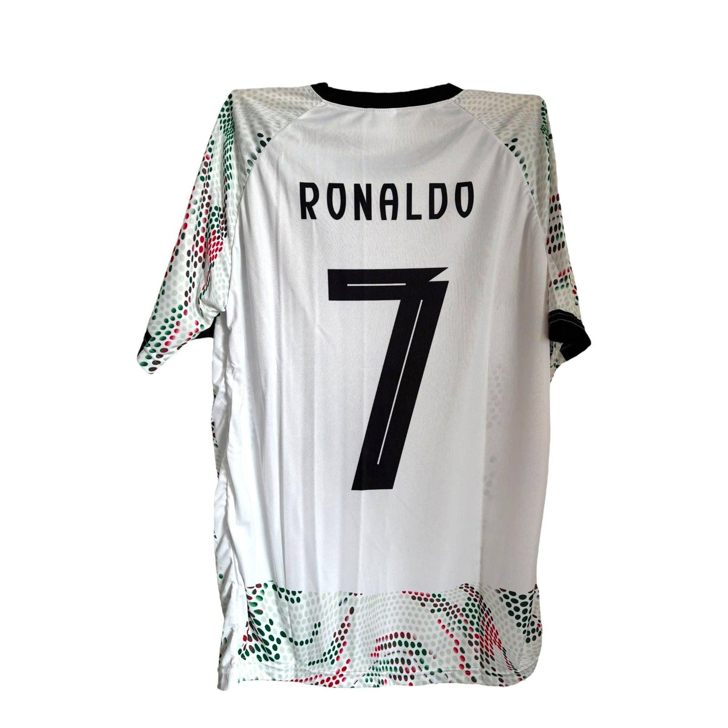 The Vintage Dreamz Portugal Soccer Jersey—Youth, Adults, Unisex—features RONALDO (CR7) and number 7 in black, with green and red dotted patterns on the sleeves and lower part; a perfect replica for fans.