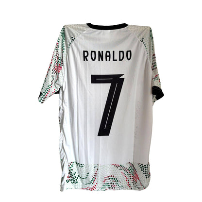 The Vintage Dreamz Portugal Soccer Jersey—Youth, Adults, Unisex—features RONALDO (CR7) and number 7 in black, with green and red dotted patterns on the sleeves and lower part; a perfect replica for fans.