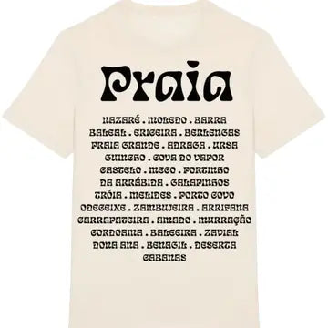The Praia T-Shirt by Futah is a beige graphic tee with "Praia" in bold black letters at the top and a beach-themed design listing Portuguese beaches below.