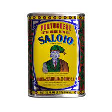 A 200ml can of Machado Saloio Olive Oil from Portugal, featuring a yellow label with an illustrated man in traditional attire and vivid decorative borders—capturing the essence of Portuguese tradition.