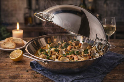 A steaming seafood dish is served in the Silampos Cataplana 36cm - Stainless Steel. On a rustic wooden table are toasted bread, a lemon half, a lit candle, and a glass of white wine.