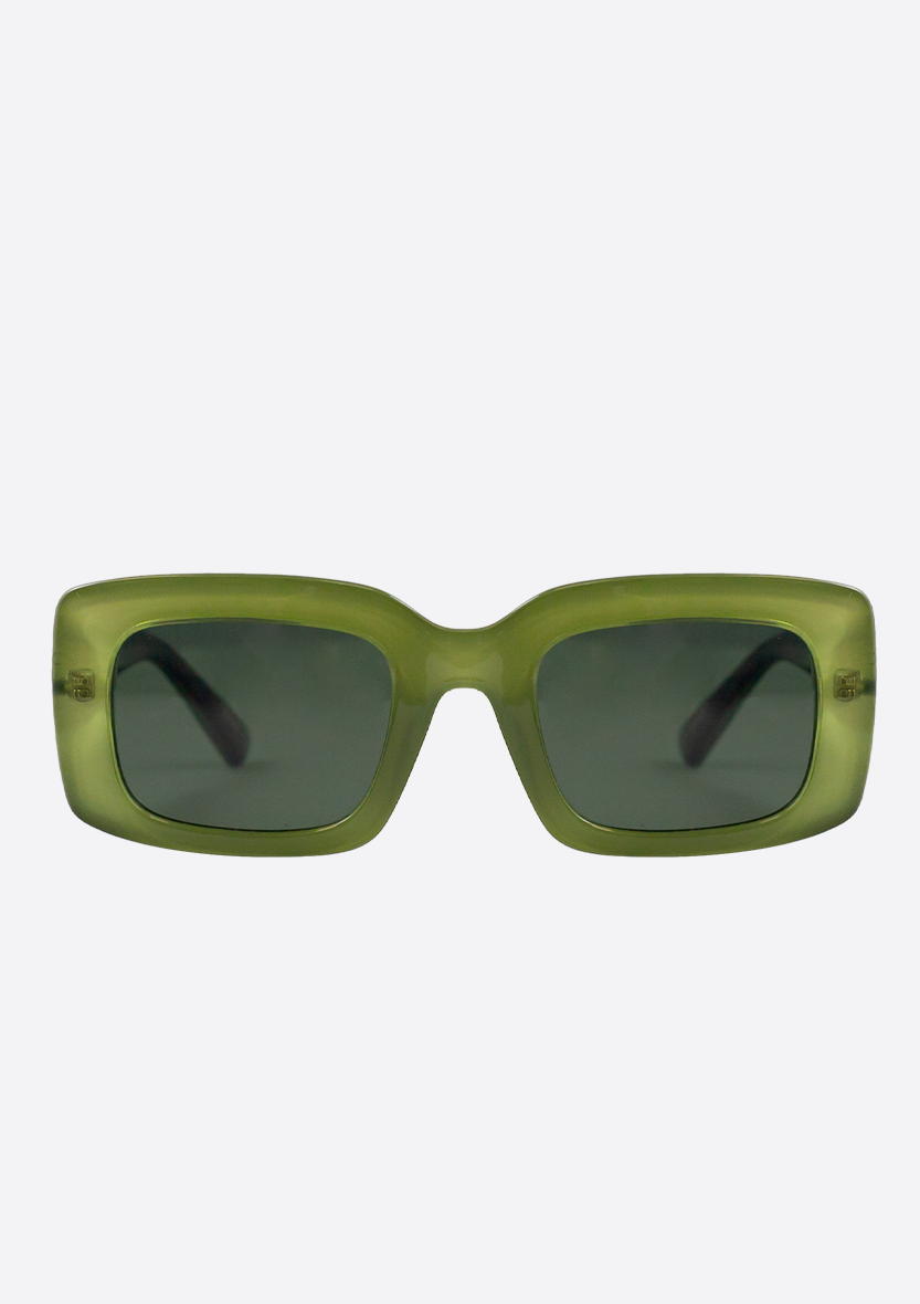 Oceanides Sunglasses (Polarized) - Ida Crystal Green Black feature thick, glossy rectangular frames and dark tinted lenses. Shown facing forward against a plain white background.