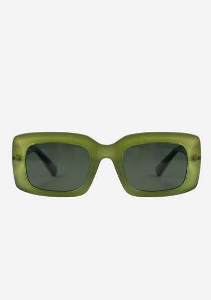 Oceanides Sunglasses (Polarized) - Ida Crystal Green Black feature thick, glossy rectangular frames and dark tinted lenses. Shown facing forward against a plain white background.