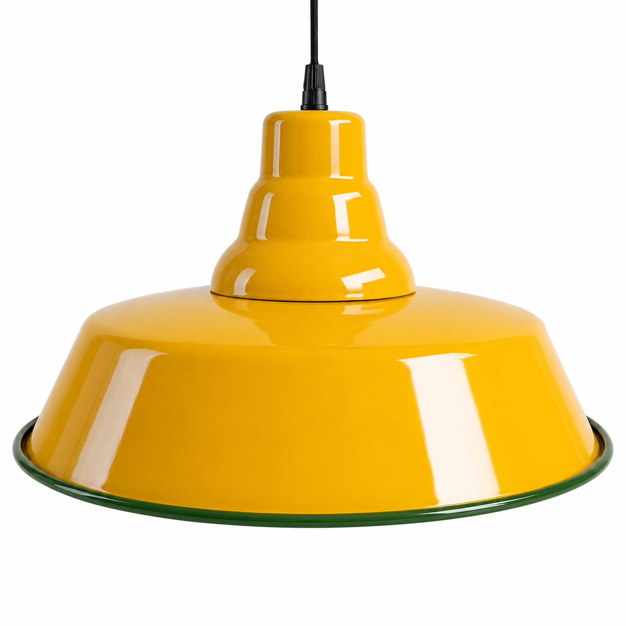 A glossy yellow pendant light with a wide dome shade, a tiered neck, and a thin dark green rim, suspended by a black cord against a white background.