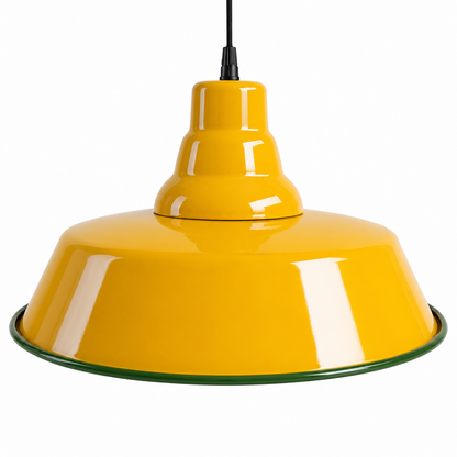 A glossy yellow pendant light with a wide dome shade, a tiered neck, and a thin dark green rim, suspended by a black cord against a white background.