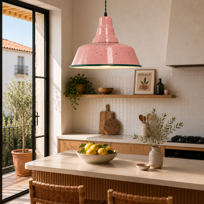 Handcrafted pink speckled enamel pendant light hanging above a modern Spanish kitchen island with warm oak cabinetry, natural stone benchtops and contemporary Mediterranean styling.