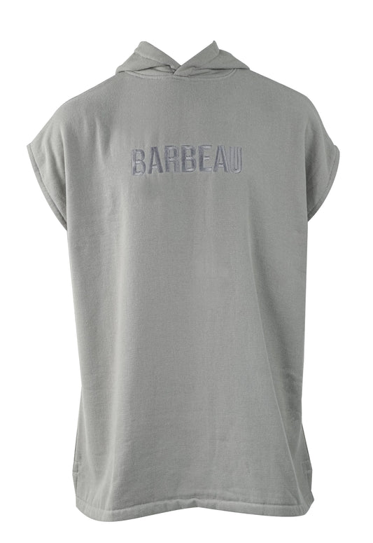 Barbeau Grey hooded poncho showing relaxed fit