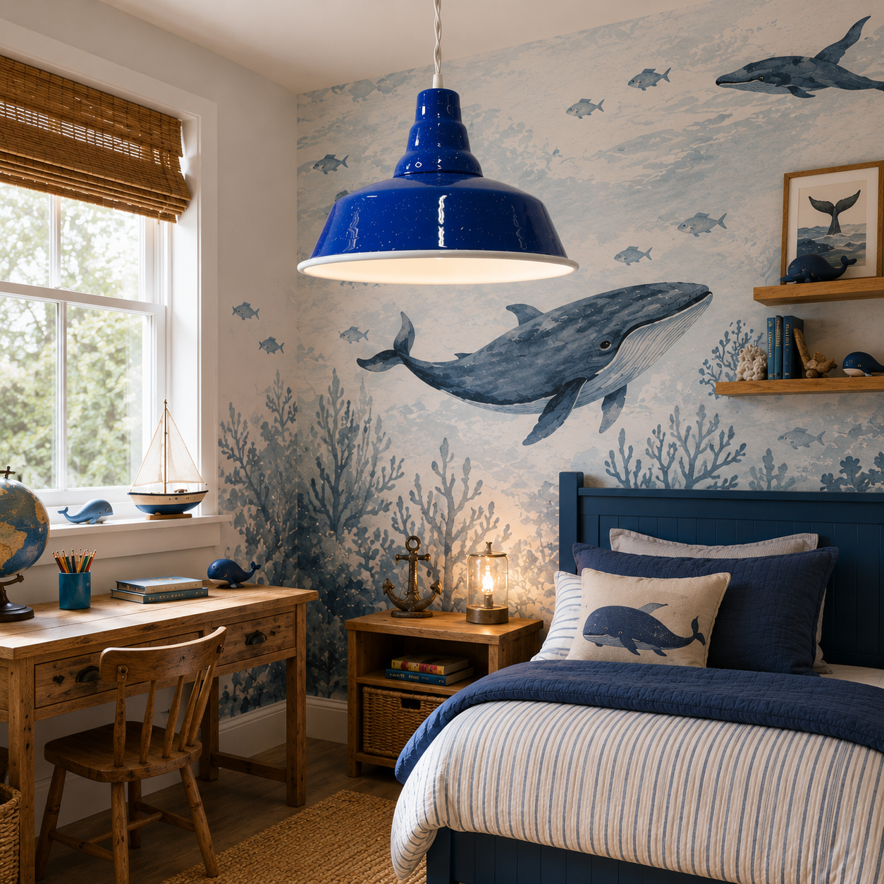 Handcrafted blue speckled enamel pendant light in a contemporary coastal children's bedroom with a whale mural, natural timber furniture and a modern fisherman-inspired aesthetic.