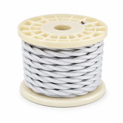 White braided textile electrical cable for custom pendant lighting, suitable for handcrafted enamel pendant lamps and decorative lighting installations.