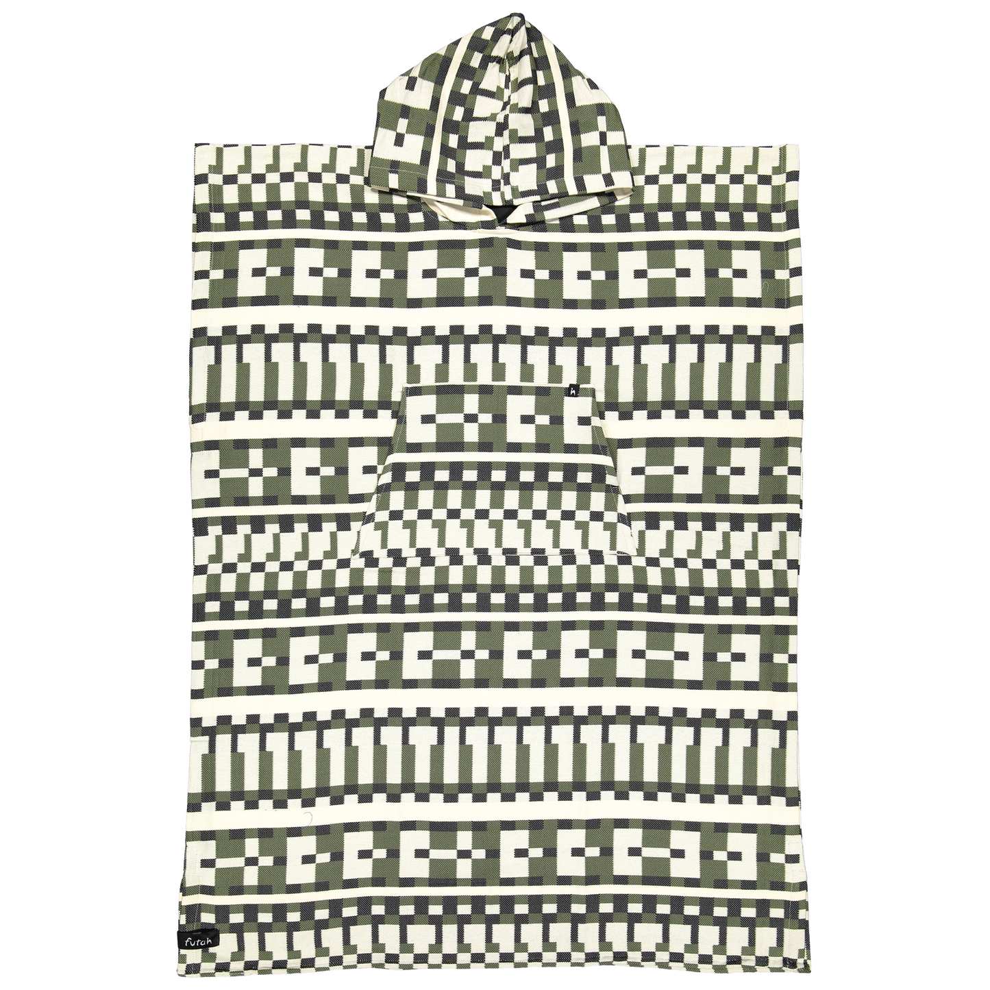 The Cacela Poncho by Futah is a stylish Portuguese beachwear piece, featuring a hooded design with a black, white, and green geometric checkered pattern. Crafted from lightweight cotton in a rectangular silhouette and finished with a front pocket, it’s shown here laid flat on a white background.