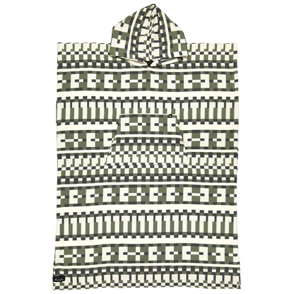 The Cacela Poncho by Futah is a stylish Portuguese beachwear piece, featuring a hooded design with a black, white, and green geometric checkered pattern. Crafted from lightweight cotton in a rectangular silhouette and finished with a front pocket, it’s shown here laid flat on a white background.