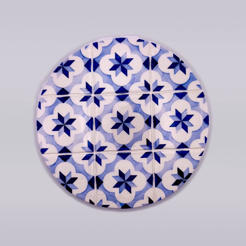 ceramic trivet with blue motif_hand painted