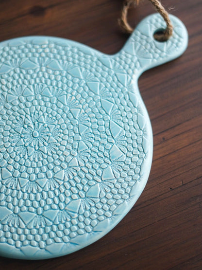 baby blue crochet serving ceramic board