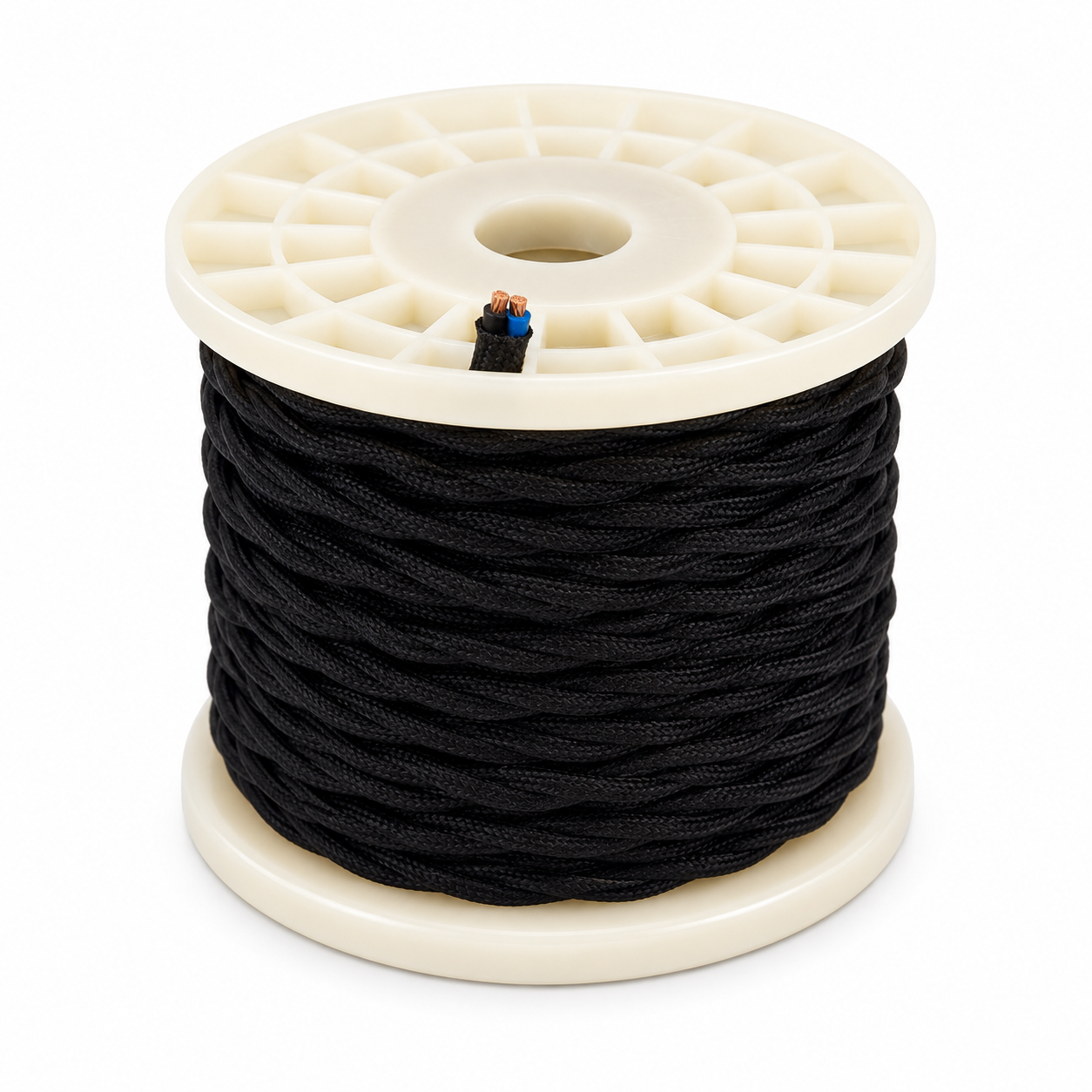 Black braided textile electrical cable for custom pendant lighting, ideal for handcrafted enamel pendant lamps in residential and commercial interiors.