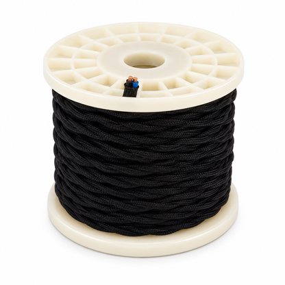 Black braided textile electrical cable for custom pendant lighting, ideal for handcrafted enamel pendant lamps in residential and commercial interiors.