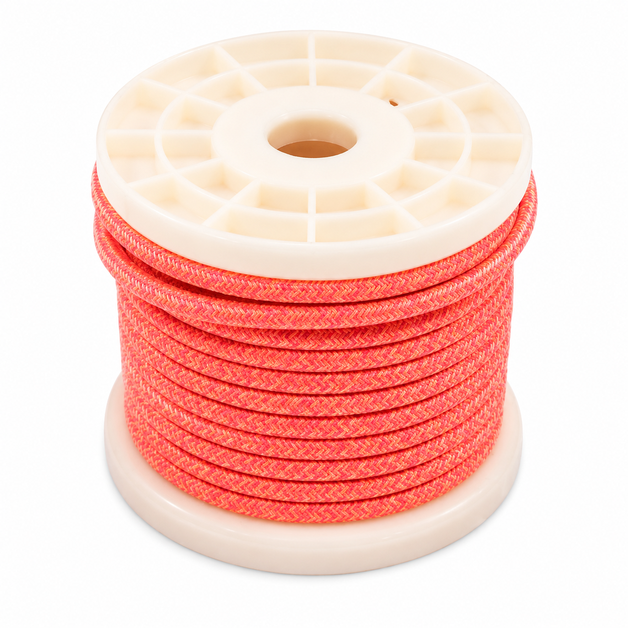 Coral braided textile electrical cable for custom pendant lighting, designed to personalise handcrafted enamel pendant lamps in residential and commercial interiors.