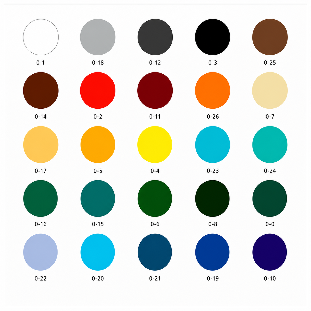 Colour swatch chart showing 25 enamel finish options available for handcrafted Portuguese enamel pendant lamps, including neutral, warm, vibrant and coastal-inspired colours for residential and commercial lighting.
