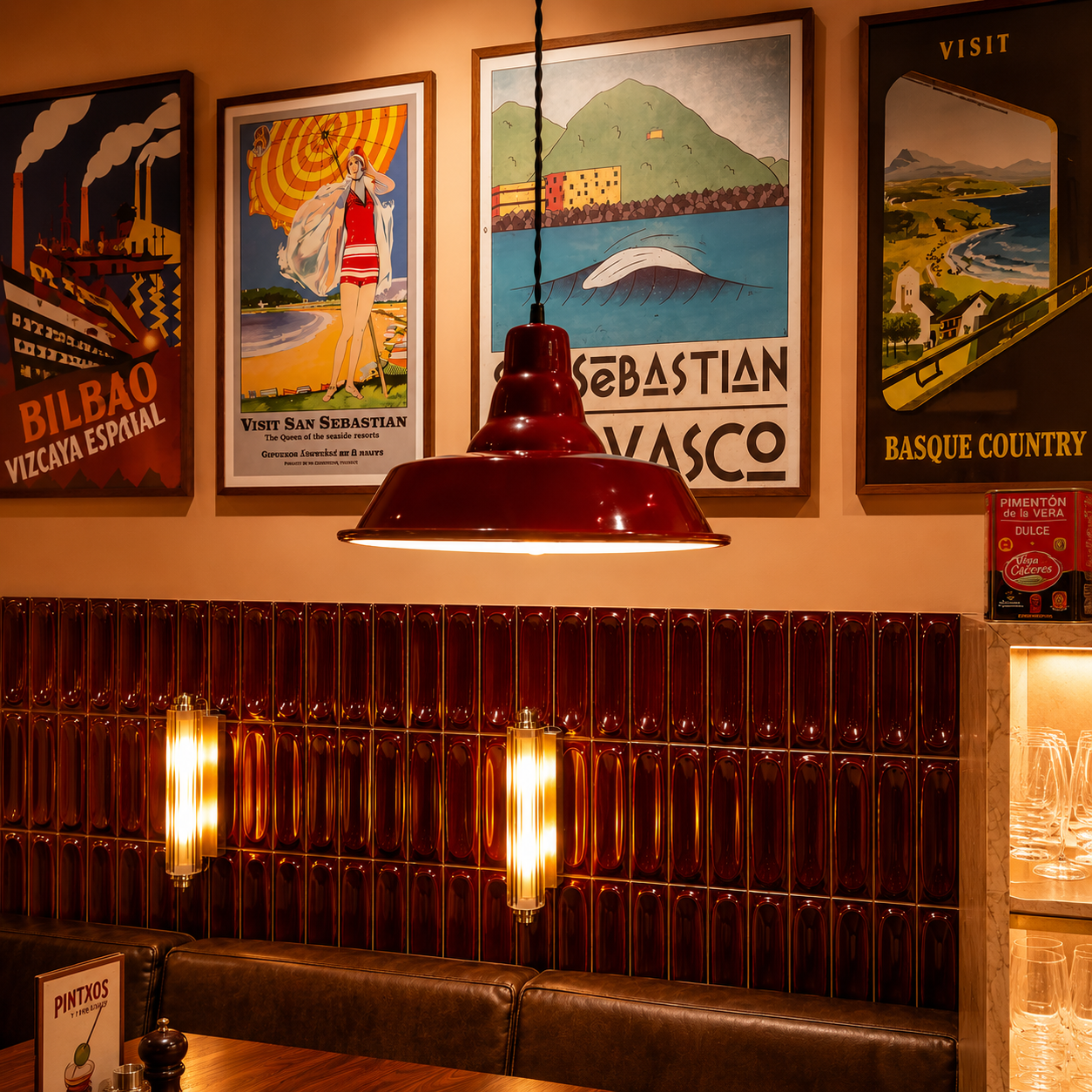 Handcrafted red enamel pendant light illuminating a warm restaurant interior with Basque-inspired décor, vintage travel posters and handcrafted ceramic wall tiles.