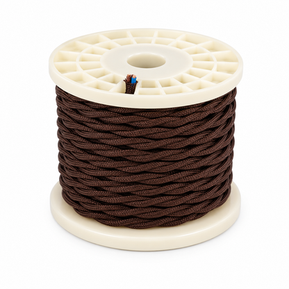 Brown braided textile electrical cable for custom pendant lighting, designed to complement handcrafted enamel pendant lamps in residential and commercial interiors.