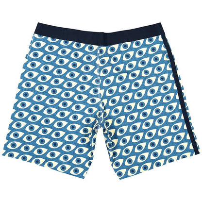Blue and white eye print detail on Futah Daintree Blue boardshorts swimwear.