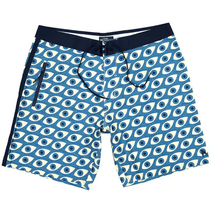 Futah Daintree Blue boardshorts with black waistband, drawstring and zipped pocket