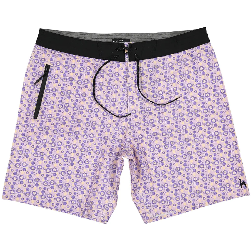 Futah Vortex Mocha men's boardshorts with violet geometric print and black waistband