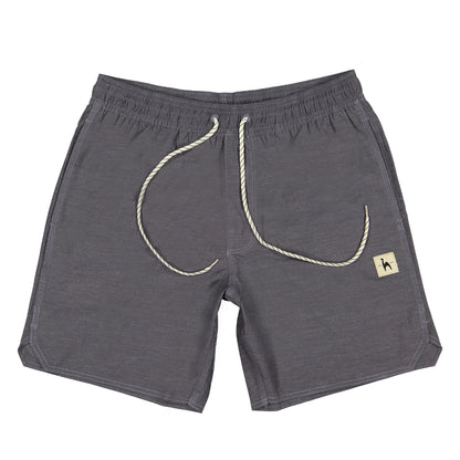 Futah Ericeira Volleys in gray feature an elastic waistband, two side pockets, and a small beige patch with a bird logo on the left leg. Finished with white twisted-rope drawstrings, these shorts are expertly crafted in Portugal for lasting comfort and style.