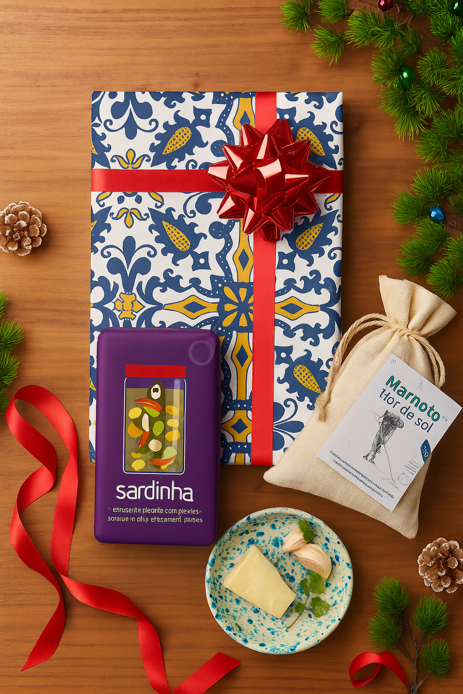 The Iberica - Pretty things from Portugal "Iberian sampler kit - Coral" features Portuguese sardines, flor de sal in a cloth bag, a festive gift wrap, butter dish with herbs, red ribbon, pinecones, and pine branches—a perfect holiday centerpiece.