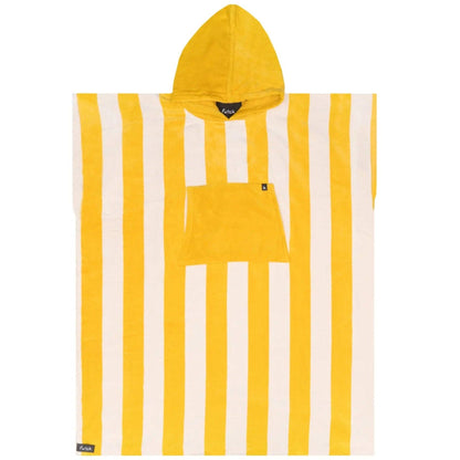 The Bedu Terry Poncho by Futah is a quick-drying adult beach poncho, crafted from premium Portuguese cotton with vertical yellow and white stripes. Featuring a pointed yellow hood and a front pocket, this hooded poncho towel offers comfort and convenience by the shore.