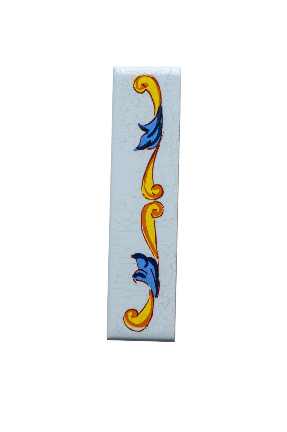 Lisa Croquets Numbers – Ceramic House Number Tiles, a rectangular white ceramic tile with a crackled finish and a vertical decorative border of yellow scrolls and blue leaves, handcrafted in Spain.