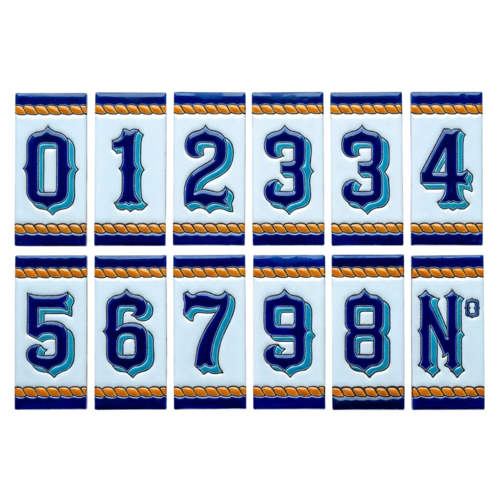 Marine Ceramic House Number & Letter Tile featuring a dark blue number or letter on a rectangular tile, accented with light blue borders and a rope-patterned gold trim.