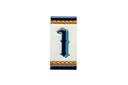 Marine Ceramic House Number & Letter Tile featuring the number one in dark blue and light blue with orange rope-style borders at the top and bottom of the rectangular Mediterranean house number tile.