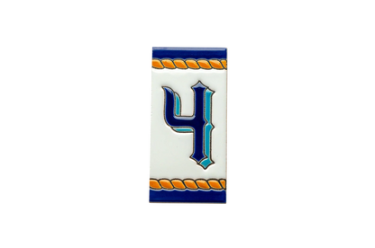 Rectangular Marine Ceramic House Number & Letter Tile featuring the number four in blue and light blue, bordered by orange rope patterns and dark blue bands.