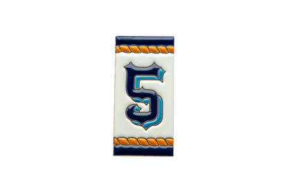 LVR Ceramics Marine Ceramic House Number & Letter Tile featuring the number five in blue, framed by orange rope-style borders and dark blue edges in a nautical style.