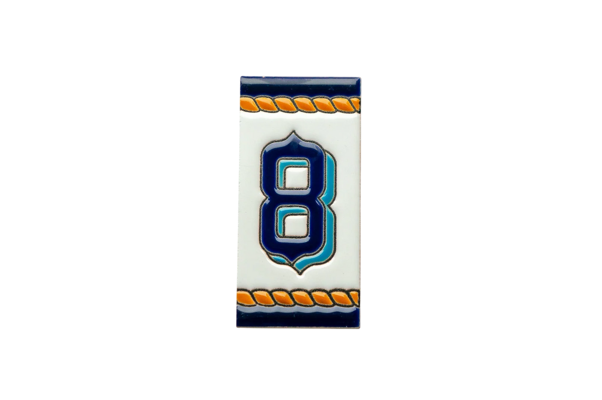 LVR Ceramics Marine Ceramic House Number & Letter Tile: a rectangular house number eight in blue and teal with orange rope-style borders.