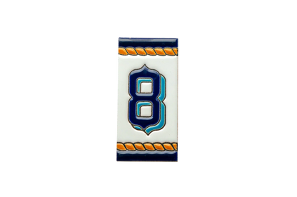 LVR Ceramics Marine Ceramic House Number & Letter Tile: a rectangular house number eight in blue and teal with orange rope-style borders.