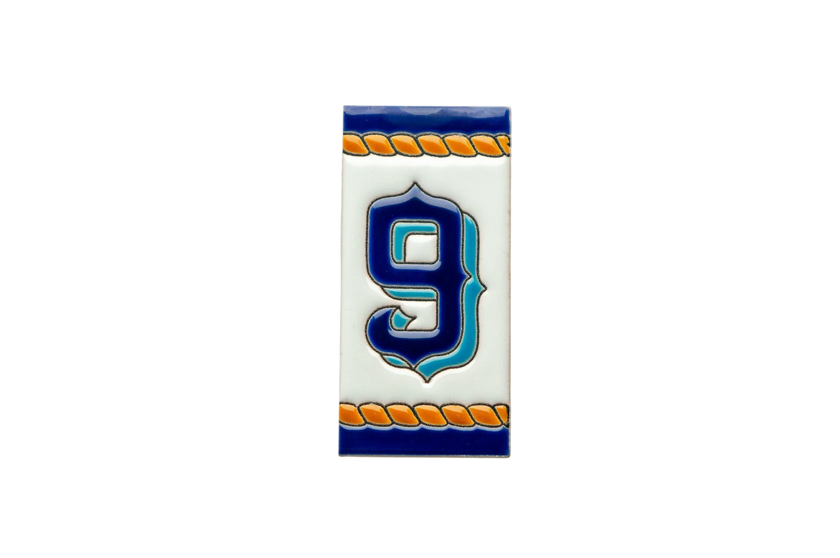 Rectangular Marine Ceramic House Number & Letter Tile featuring the number nine in blue and teal, bordered by orange rope patterns and deep blue edges.