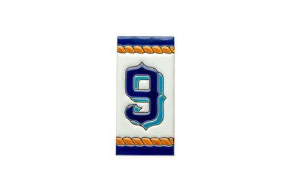Rectangular Marine Ceramic House Number & Letter Tile featuring the number nine in blue and teal, bordered by orange rope patterns and deep blue edges.