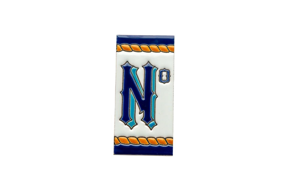 LVR Ceramics Marine Ceramic House Number & Letter Tile featuring the letter N and a small degree symbol, decorated with blue and orange rope-style borders.