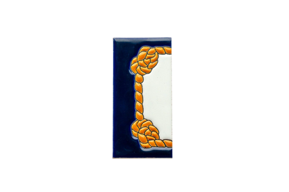 LVR Ceramics Marine Ceramic House Number & Letter Tile: a rectangular ceramic tile with a white center and deep blue border featuring an orange rope pattern, designed in a Mediterranean style.